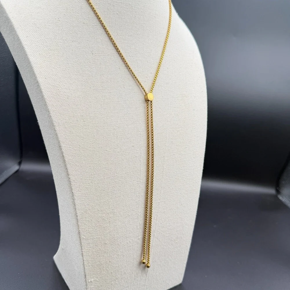 Gold Tone Adjustable Bolo Lariat Necklace Box Chain Tassel Minimalist Jewelry